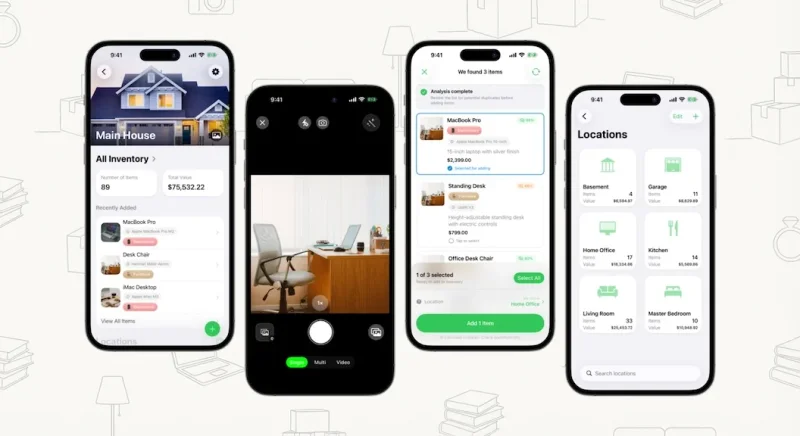 Several iPhones displaying various screens from the MovingBox home inventory app