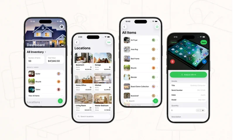 Several iPhones displaying various screens from the MovingBox home inventory app